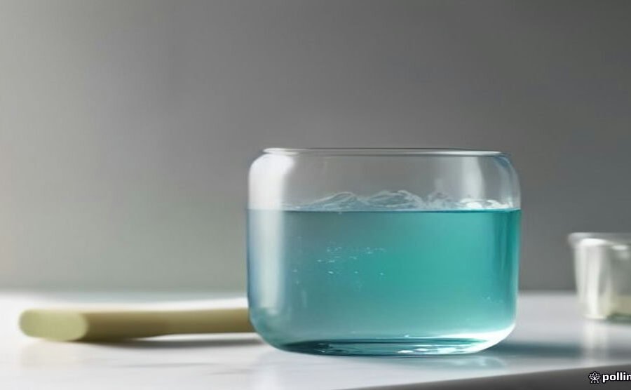 Glass measuring cup and one liter bottle on a kitchen counter