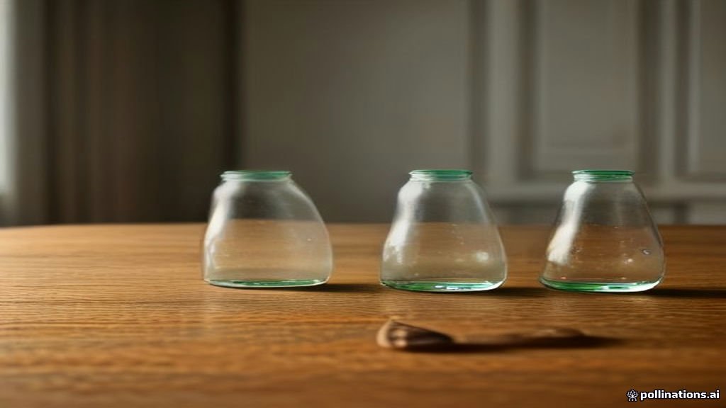 Kitchen measuring cups beside a liter bottle on a wooden table