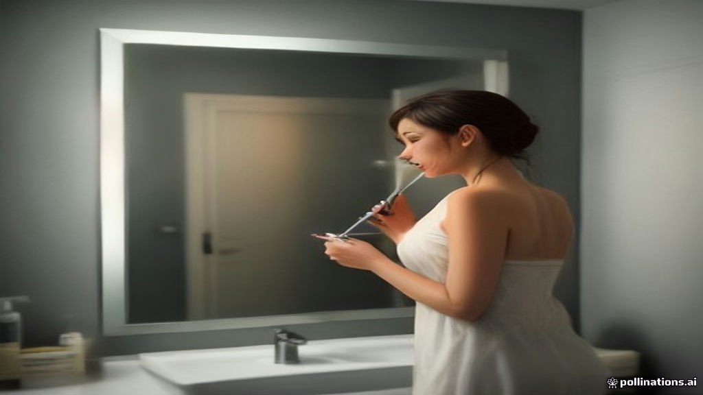 Person gently brushing teeth in front of a bathroom mirror