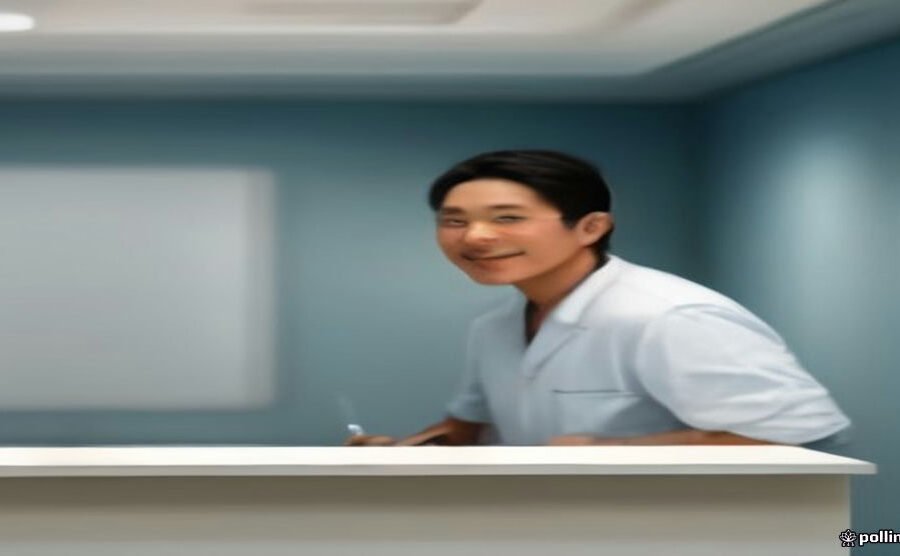 Friendly dentist greeting a smiling adult patient at a modern dental clinic reception