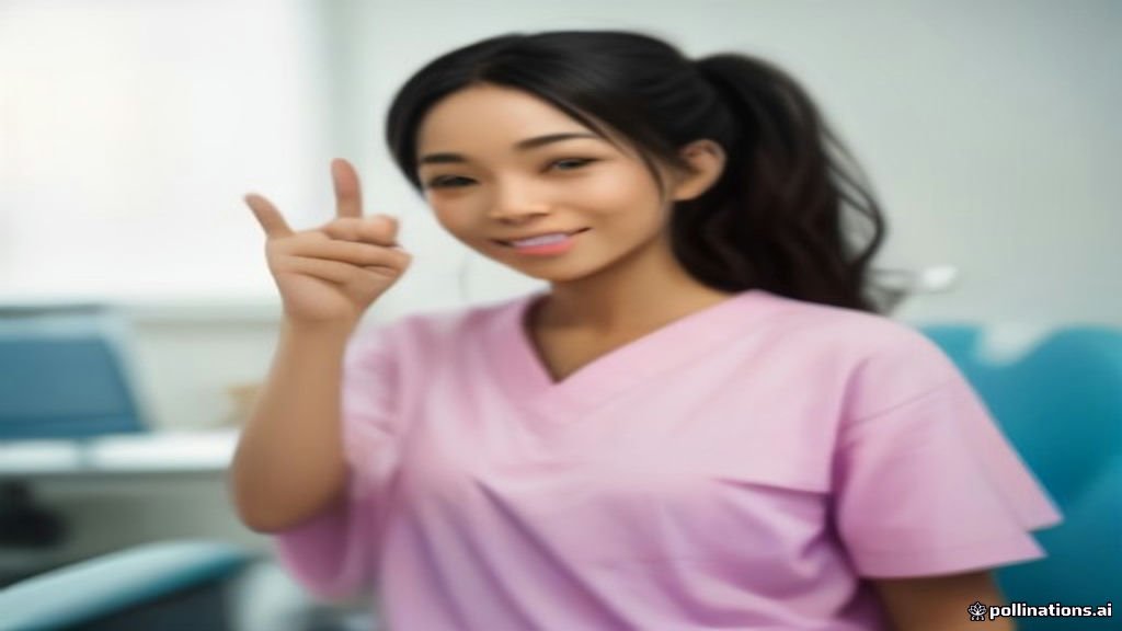 Smiling patient giving thumbs up after a successful dental checkup, dentist in background