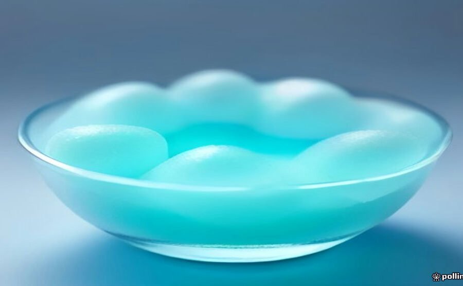 Clear dental retainer in a glass bowl of bubbling hydrogen peroxide cleaning solution
